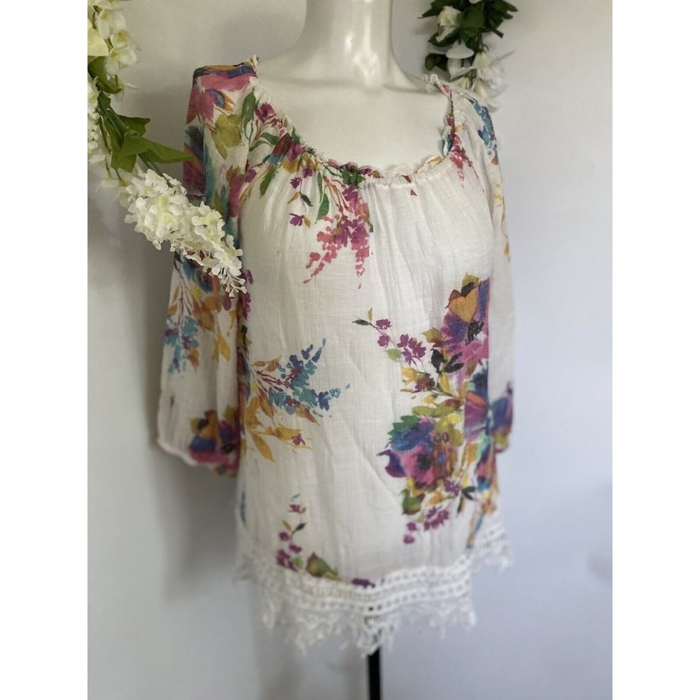Vintage Spence Small Beige Floral Boho Peasant Blouse Lace Accent 3/4 Sleeve EUC